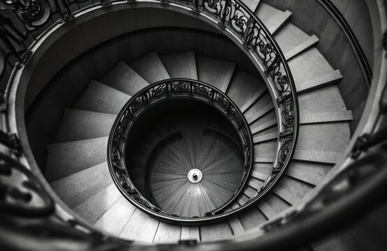 Dramatic monochrome view of a grand spiral staircase, featuring marble steps and ornate metal railings. This architectural marvel leads upwards, creating a sense of depth and mystery. - Powered by Adobe