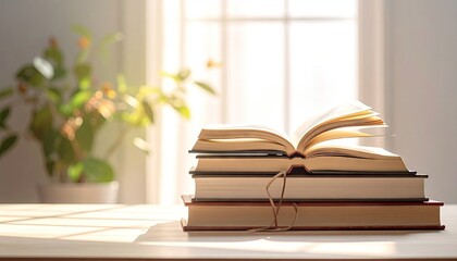Stack of Books with Open Pages on Wooden Table in Bright Sunlight Near Window and Potted Plant in Soft Focus Studio Shot