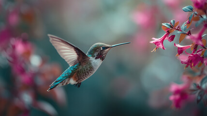 Fototapeta premium A hummingbird hovering near pink flowers, photorealistic, nature photography. Ai generated