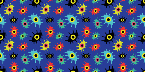 Seamless pattern of multicolored abstract eyes on a blue background. Vector illustration 