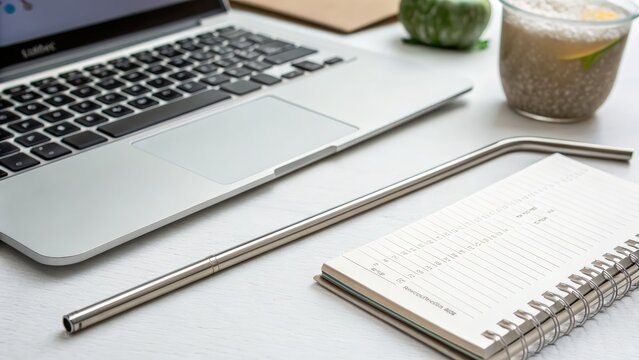 Modern workspace with laptop notebook and refreshing beverage highlights productivity and organization