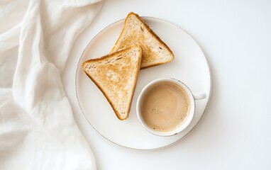 Two slices of golden toast and a cup of creamy coffee on a white plate, set against a light background with a soft white cloth