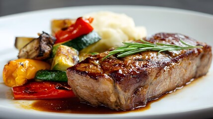 A delicious and beautifully presented steak is served on a white plate, accompanied by grilled colorful bell peppers, zucchini, and mashed potatoes; a sprig of rosemary adds a fresh touch to the...