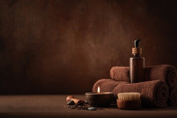 Spa scene with rolled towels, oil dispenser, lit candle, brush, & stones against a brown background
