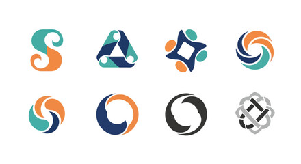 Abstract Geometric and Organic Logo Collection: Modern Branding Symbols with Teal, , and Dark Blue Colors, Featuring Stylized S, C, Circular, and Triangular Designs on White Background, Flat Vector