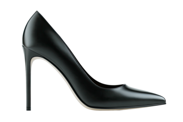 Sleek black pump, stiletto heel, pointed toe, isolated on black background, high fashion footwear