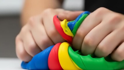 Hands squeezing colorful play dough with vibrant colors on a clean surface, creating a playful scene