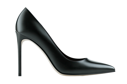 Sleek black pump, stiletto heel, pointed toe, isolated on black background, high fashion footwear - Powered by Adobe