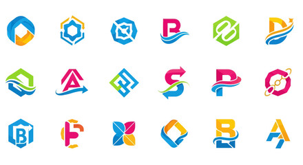 A vibrant collection of modern abstract geometric logo designs, showcasing bright colors, dynamic shapes like hexagons, arrows, and integrated letters (A, B, F) on a clean white background, ideal for