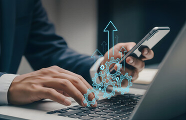 Boosting Business Productivity with Smart Tech Integration, Laptop and smartphone with digital gears and arrows for growth