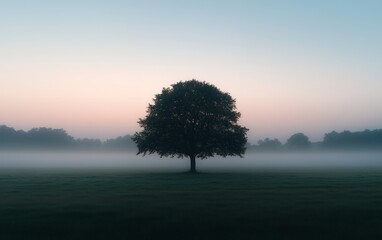 A majestic lone tree stands in a foggy field at sunrise, creating a serene and atmospheric landscape with soft pastel colors in the sky