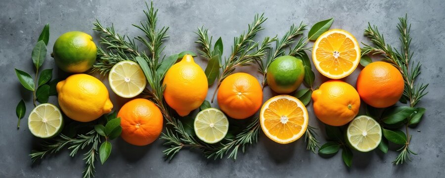Flat lay shows citruses with herbs arrangement on gray surface. Lemons limes oranges are halved and sliced. Healthy eating concept fresh aromatic ingredients for culinary use. - Powered by Adobe
