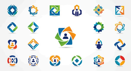 Modern Abstract Geometric Logos and Icons Collection with Interconnected Shapes, Stylized Human Figures, and Vibrant Gradients, Suitable for Branding and Corporate Identity., Flat Vector Elements,