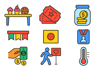 School Fundraiser Icons. Flat vector icons of school fundraising activities: bake sale table, raffle tickets, donation jar,