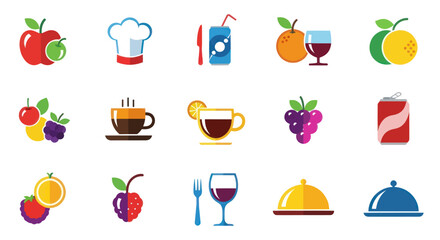 Colorful Flat Design Icons of Fruits, Chef's Hat, and Coffee Cup on White Background, Flat Vector Elements, Vector Illustration, Simple Vector, Stylized Vector Drawing, Vector Template, Clean Vector
