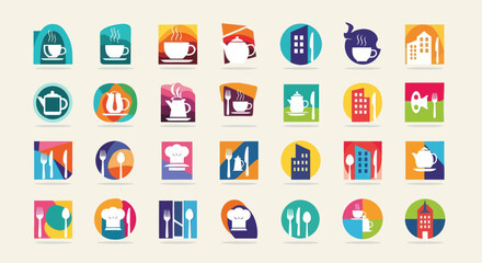 Vibrant Culinary Icon Set: Modern Flat Design Graphics for Restaurants, Cafes, and Food Services, Featuring Coffee Cups, Teapots, Cutlery, and Chef Hats on Colorful Abstract Backgrounds, Flat Vector