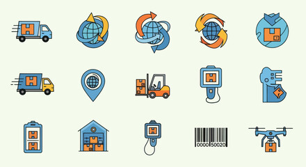 Colorful Logistics and Shipping Icons Set: Delivery Trucks, Global Network, Warehouse, and Inventory Management Illustrations for Supply Chain Concepts, Flat Vector Elements, Vector Illustration,