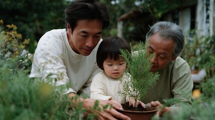 Family bonding while planting a young tree in the garden during a sunny day