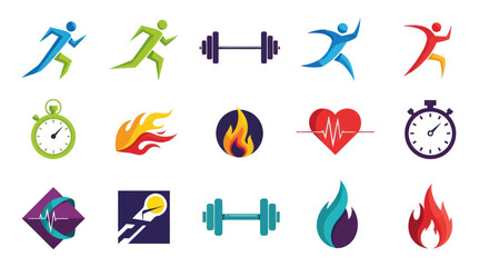 Vibrant Collection of Sports, Health, and Innovation Logos: Abstract Runners, Stopwatch, Flame, and Heartbeat Icons, Flat Vector Elements, Vector Illustration, Simple Vector, Stylized Vector Drawing,