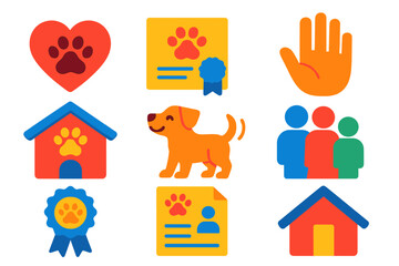 Bright Pet Adoption Icons. Flat vector icons of pet adoption themes: heart paw print, adoption certificate, volunteer hand,