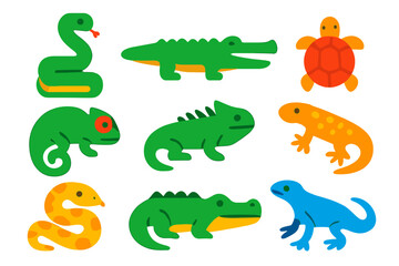 Obraz premium Reptile Icon Set. Flat vector icons of reptiles: snake, crocodile, turtle, chameleon, iguana, gecko, python, alligator, lizard No