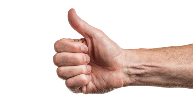 Human hand with raised thumb against a black background, indicating agreement or approval