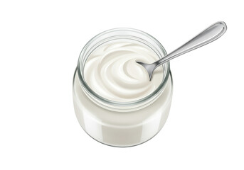 Creamy yogurt in a glass jar with spoon isolated on transparent background, healthy breakfast food for diet and nutrition