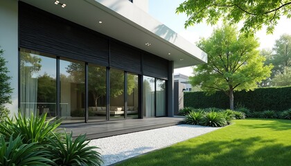 Naklejka premium Modern house exterior with large glass windows, black roller blinds, manicured green lawn. Contemporary architecture features clean lines, minimal facade, garden landscaping, offering serene, stylish