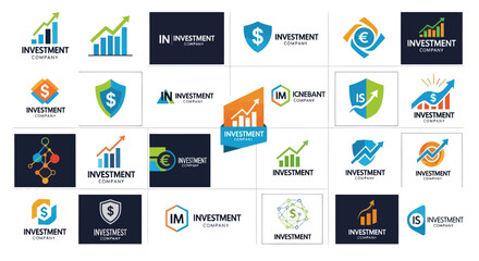 A collection of modern and minimalist investment company logos featuring financial growth charts, currency symbols, and security shields, ideal for financial services branding., Flat Vector Elements,