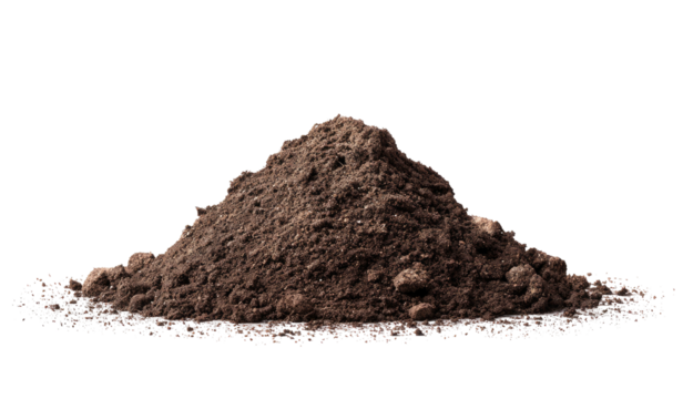 A pile of dark, textured soil isolated against a solid black background