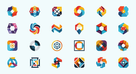 Vibrant geometric abstract logo and icon collection for modern branding, tech company identity, and creative design projects, Flat Vector Elements, Vector Illustration, Simple Vector, Stylized Vector