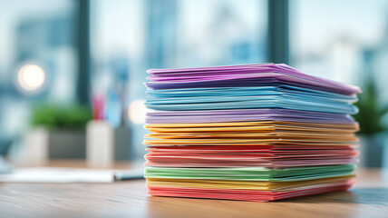A stack of colorful documents, placed on an office desk. the papers appear to be well-organized and seem to have been submerged in water for some time. Ai generated