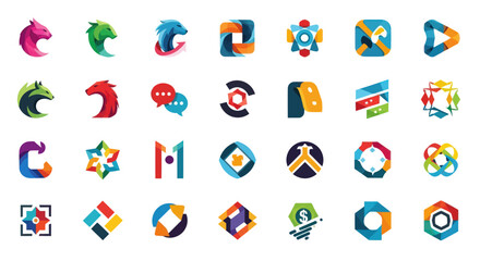 Fototapeta premium Collection of Modern Colorful Abstract Logo Designs Featuring Animal Heads, Geometric Shapes, and Communication Icons for Branding, Flat Vector Elements, Vector Illustration, Simple Vector, Stylized