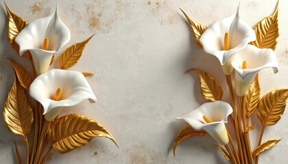 Obraz premium White calla lilies with golden leaves on beige background. Calla flowers with golden stems and foliage. Golden and white floral arrangement.