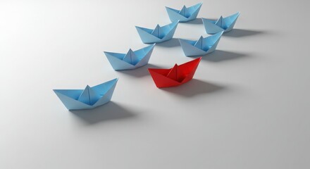 Red origami boat leads a fleet of blue boats