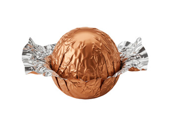 Shiny bronze chocolate candy ball isolated, wrapped in foil PNG, sweet treat for holidays and...
