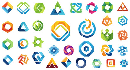 Vibrant Geometric Abstract Logos Collection: Modern Dynamic Shapes, Colorful Designs for Business, Technology, and Creative Branding on White Background, Flat Vector Elements, Vector Illustration,