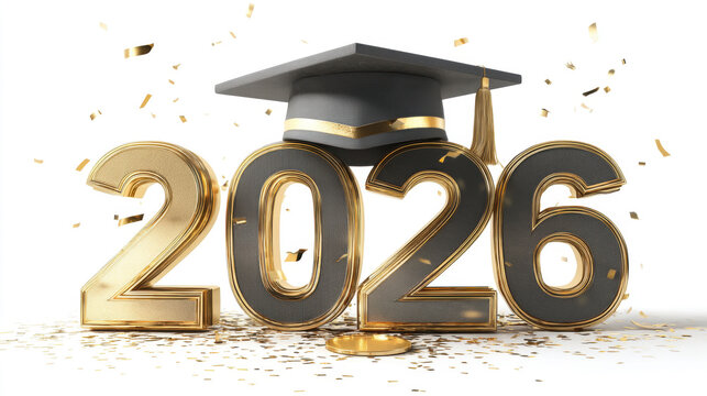 Graduation year 2026 with a mortarboard and confetti. A celebratory image featuring the year 2026 in gold, a graduation cap, and scattered confetti, perfect for graduation announcements.
