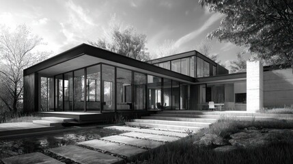 Monochromatic architectural rendering of a modern, single-story house nestled amidst landscaping, featuring expansive glass windows and sleek, minimalist design elements