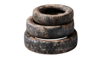 Stacked, worn tires showing tread and weathering, positioned against a black background