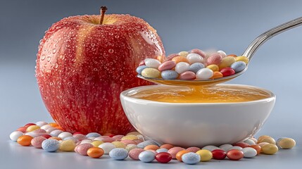 Fresh Red Apple with Dew Drops, Spoonful of Multicolored Dragees, and Honey Bowl - Vibrant Healthy Snack Close-Up