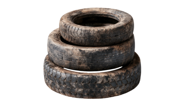 Stacked, worn tires showing tread and weathering, positioned against a black background