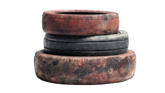 Three weathered tires stacked; two are red, one black, with textured details
