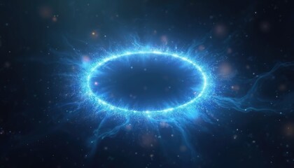 Obraz premium Glowing blue oval ring with sparkling particles and electric like effect around. Abstract futuristic graphic element with vibrant light. Oval shape with shining blue light and dynamic energy effect.