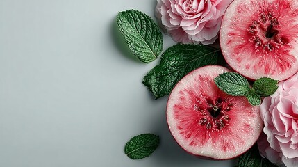 Fresh Sliced Blood Oranges with Pink Peonies and Mint Leaves on Light Gray Background, Flat Lay with Copy Space for Summer Wellness, Food Styling and Natural Design Projects