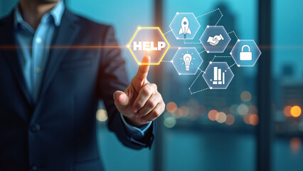 Business figure activates glowing “HELP” icon—hexagonal interface radiates clarity, innovation, and strategic support.
