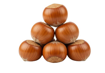 Pile of hazelnuts isolated on transparent background, brown nuts in a pyramid shape for healthy snack and ingredient