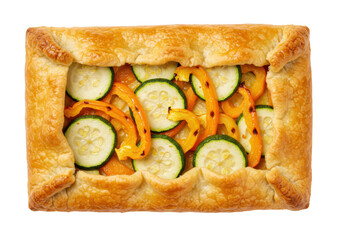 Vegetable galette isolated on white, savory tart with zucchini and bell peppers in puff pastry for healthy eating and vegetarian recipes