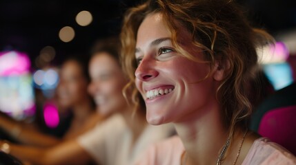 Fototapeta premium Young woman enjoying arcade games with friends at an entertainment center during evening leisure time
