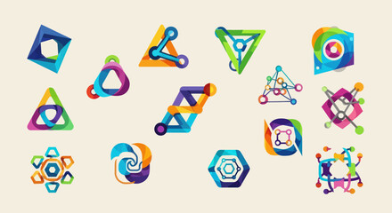 Diverse Collection of Vibrant Abstract Geometric Logos and Modern Symbols on a Clean Light Background, Flat Vector Elements, Vector Illustration, Simple Vector, Stylized Vector Drawing, Vector